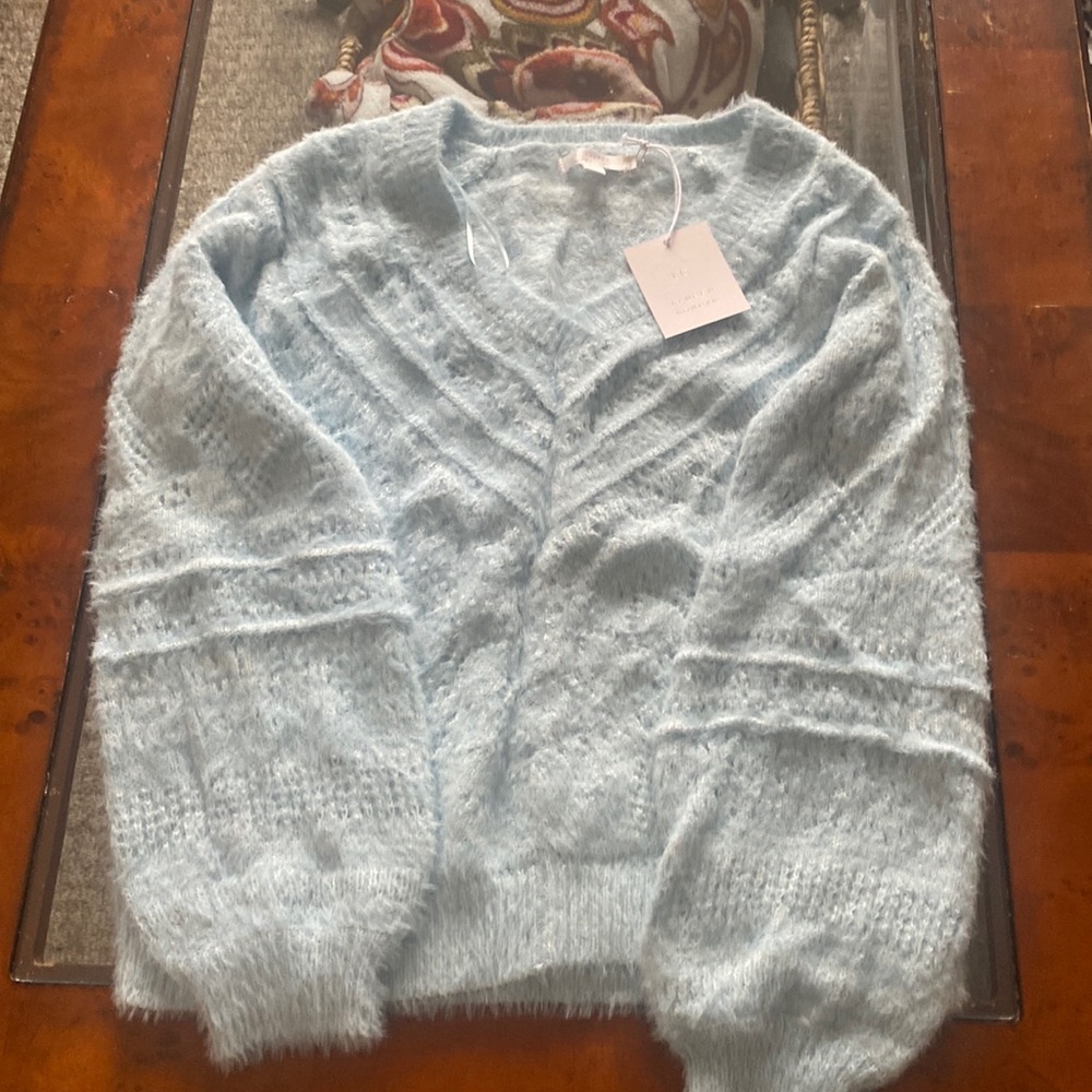 Powder blue sweater tags still on